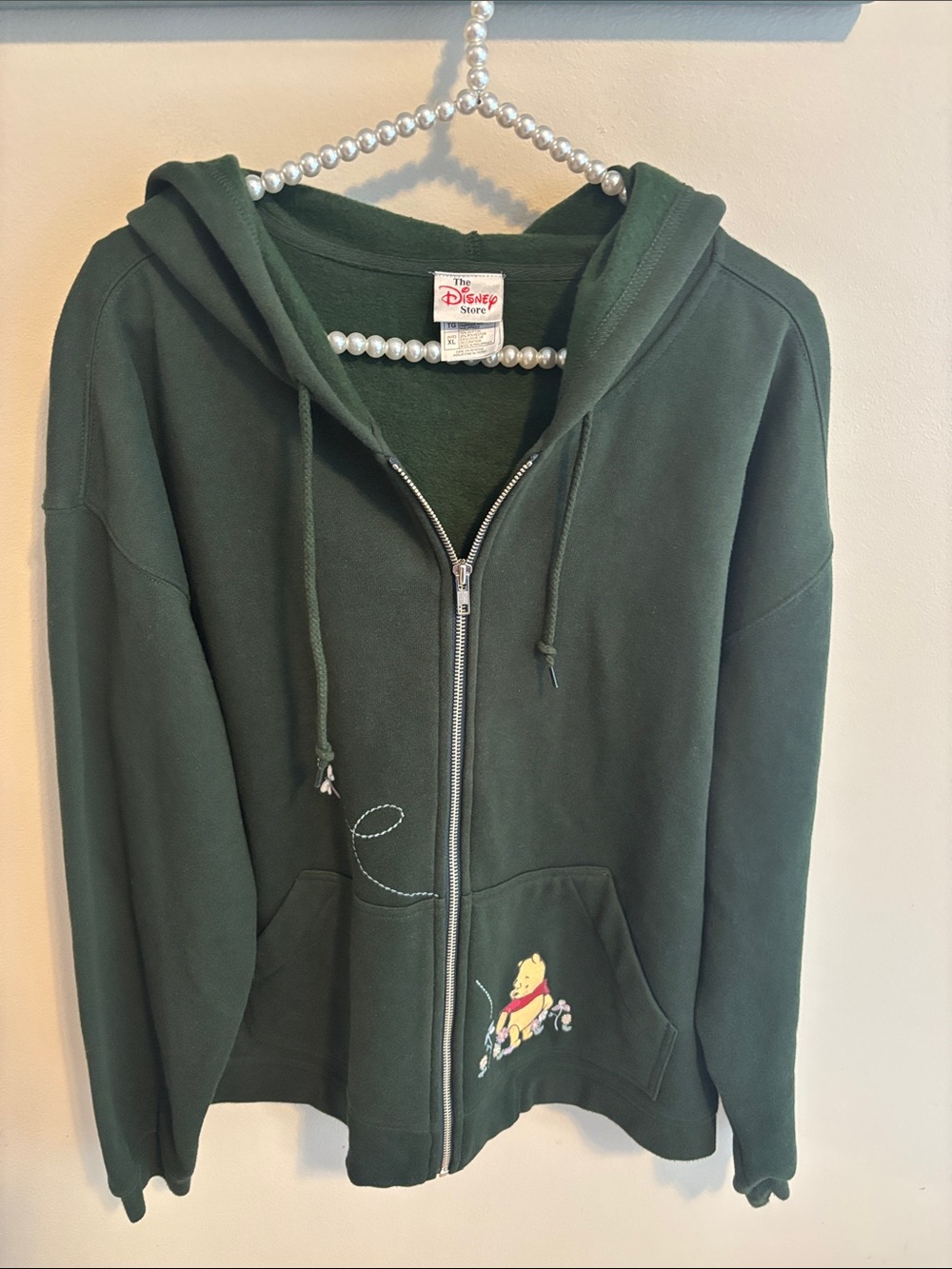 Vtg 90s Disney Store Winnie The Pooh Embroidered Zip Up Hoodie Green Sz XL